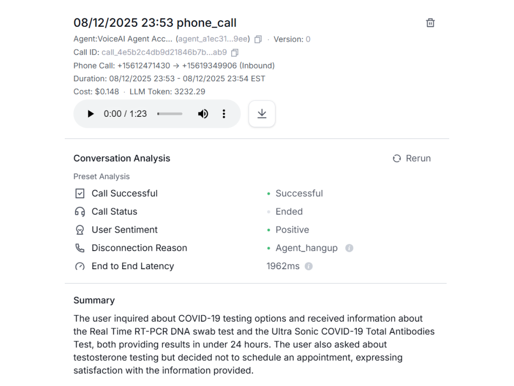 Post-call sentiment analysis of voice AI conversation in Retell AI dashboard